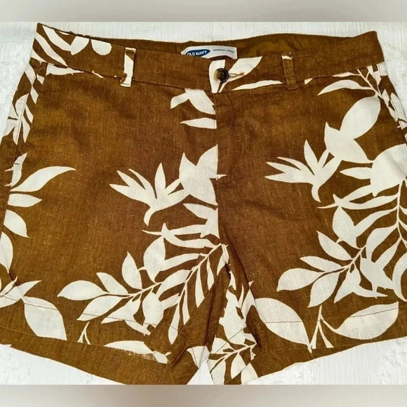 🆓 Old Navy Everyday Shorts Women's Mid Rise Linen Blend Brown Tropical - Picture 2 of 6
